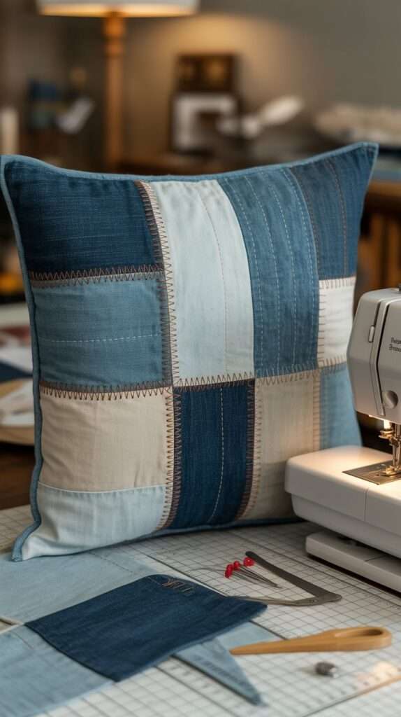 “Patchwork pillow cover made from different shades of denim with visible stitching, styled on a craft table with sewing tools.”