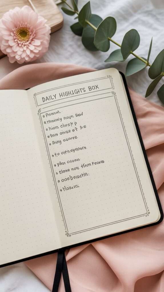 Open travel journal showing a clean minimal layout with simple borders, small stickers and a handwritten daily entry.