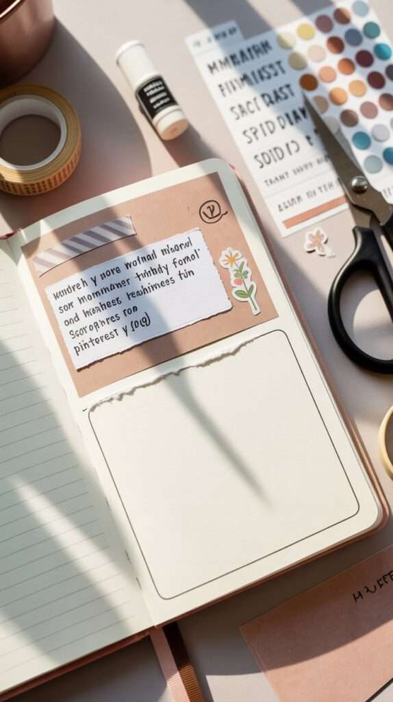 Open travel journal showing a clean minimal layout with simple borders, small stickers and a handwritten daily entry.