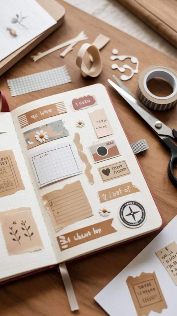 Flatlay of an open creative journal decorated with aesthetic stickers, washi tape, paper scraps and handwritten notes, displayed on a wooden table with scissors and pens.