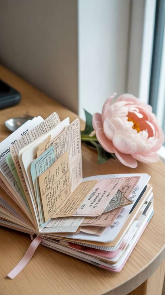 Flatlay of journaling supplies including washi tape, paper pieces, scissors, glue stick and printed aesthetic stickers used for creative journaling.