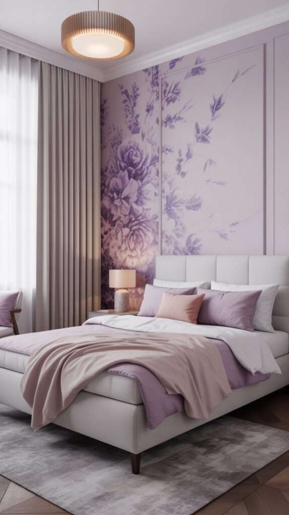 Bedroom with lavender floral wallpaper on accent wall, white furniture and soft pastel details.