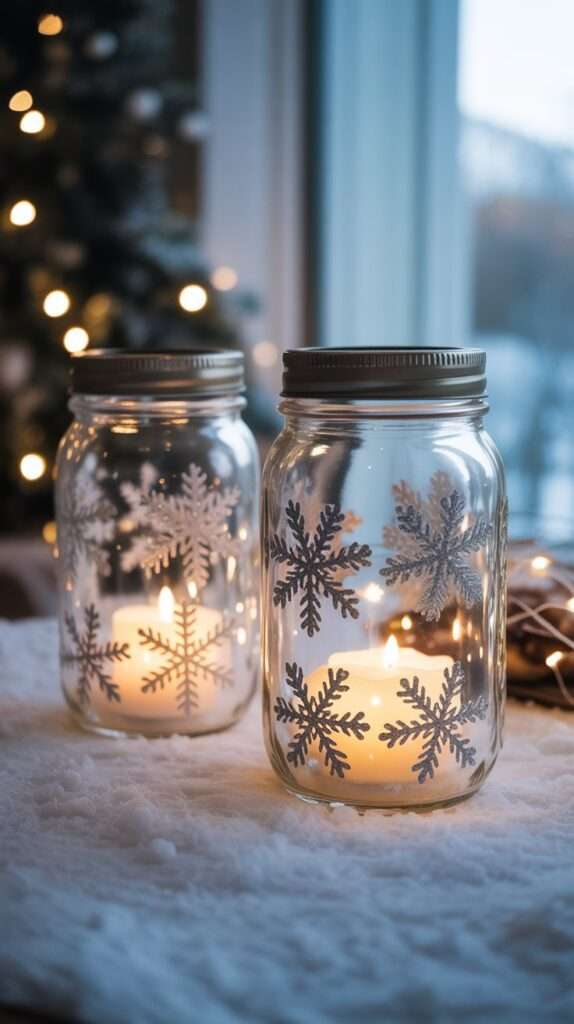 “Glitter-covered mason jars decorated with snowflakes and glowing LED candles, surrounded by soft faux snow and winter lights.”