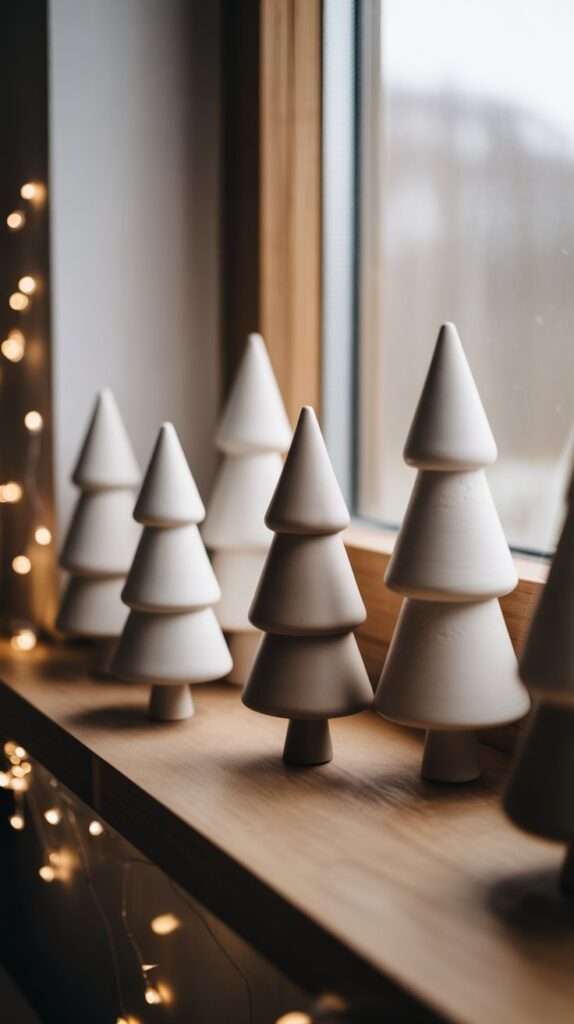 Minimalist air-dry clay Christmas trees in matte white finish displayed on a wooden shelf with soft natural lighting and Scandinavian neutral holiday decor.