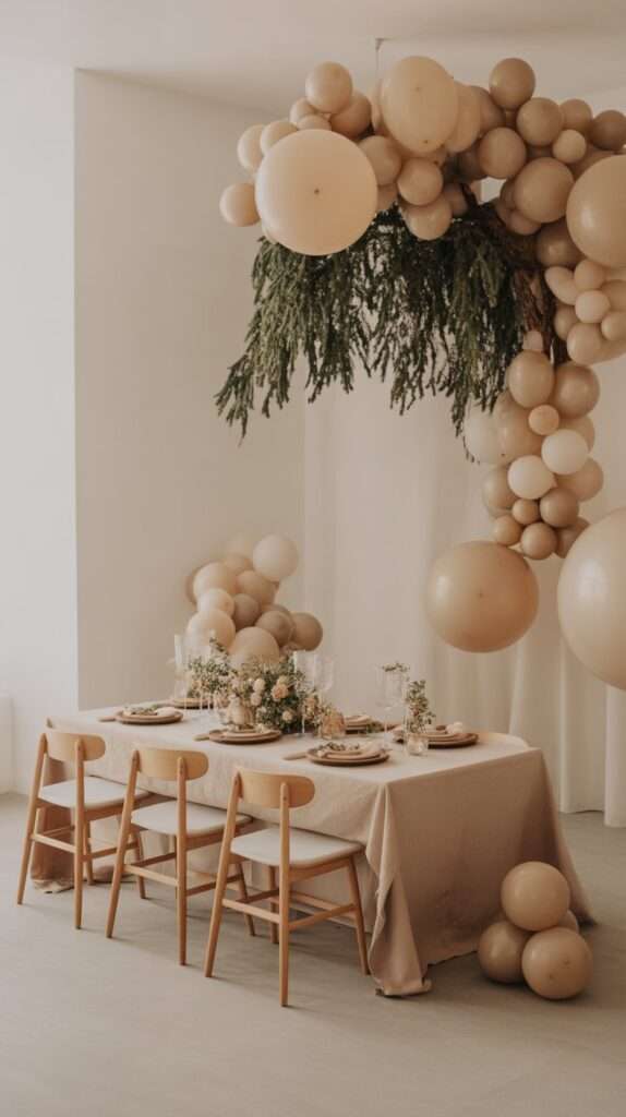 Scandinavian-style baby shower decor with wood textures, beige tones, greenery, and minimalist table setup with gingerbread cookies.