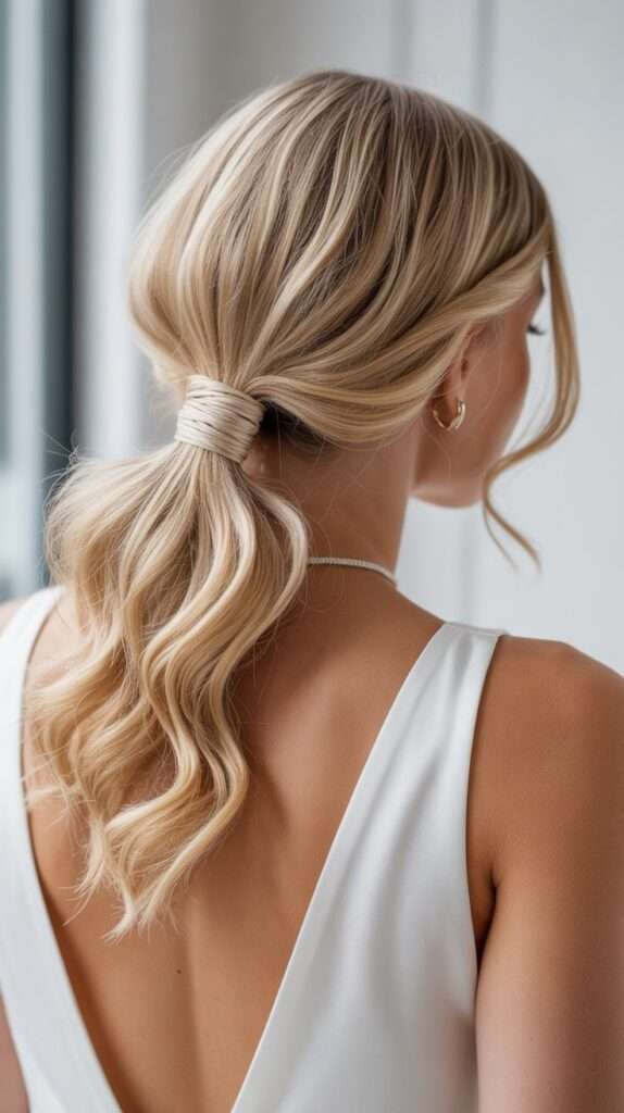 “Chic bridal low pony updo with a softly teased crown and curled ends. A modern minimalist hairstyle that feels simple yet elegant.”