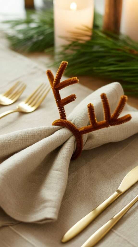 “Holiday napkin ring shaped like a reindeer made from brown pipe cleaners with twisted antlers, styled on a Christmas dinner table with linen napkins and pine sprigs.”