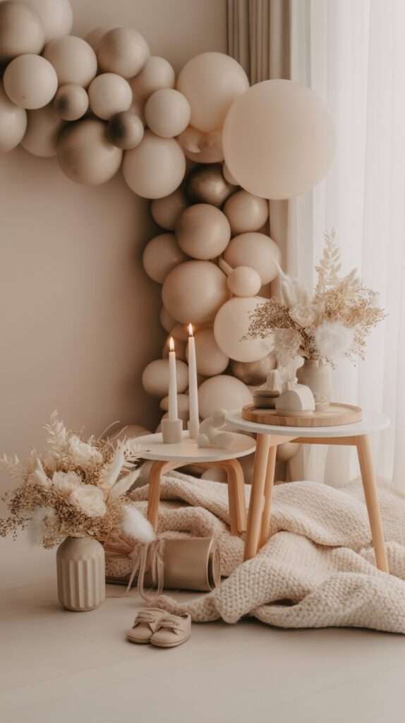 “Neutral winter baby shower décor with beige and ivory tones, dried florals, soft knit textures and warm candles in a Scandinavian-inspired setting.”