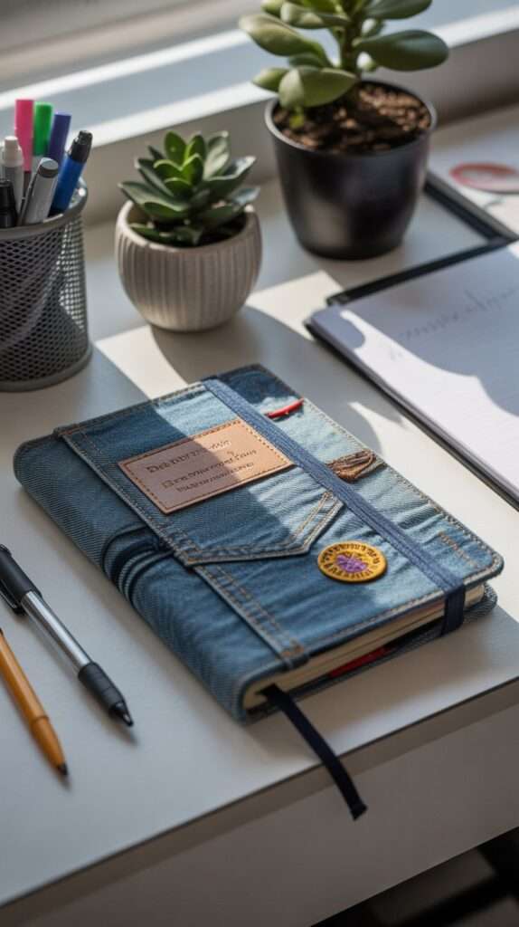 “Notebook covered in denim fabric with stitched details and embroidery, surrounded by pens and craft tools on a desk.”