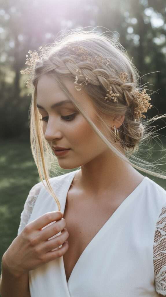 “Bride with a loose boho crown braid adorned with tiny dried flowers. Natural outdoor light enhances the relaxed and whimsical bridal style.”
