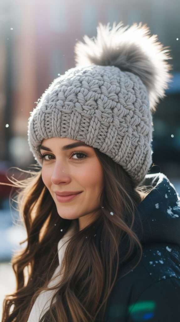 “Woman wearing a chunky oversized crochet beanie with a fluffy pom-pom. The hat’s handmade texture and soft yarn make it perfect for snowy winter days.”
