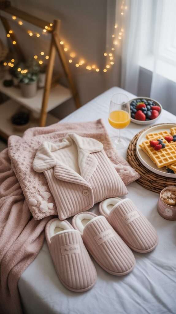 Pajama baby shower setup with cozy blankets, breakfast table with waffles and fruit, and warm fairy lights in a relaxed home setting.