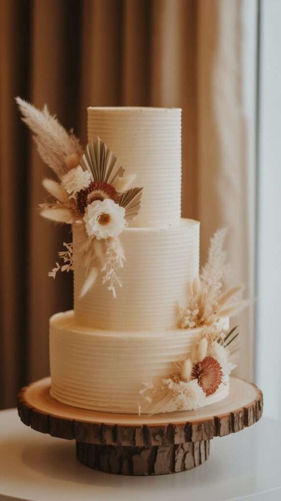 Rustic chic textured buttercream cake decorated with pampas wild greenery and small flowers in a barn venue.