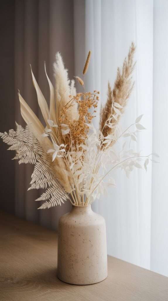 “Dried winter bouquet featuring pampas grass, bleached ferns and neutral dried stems in a stone vase, styled with minimal Scandinavian décor.”
