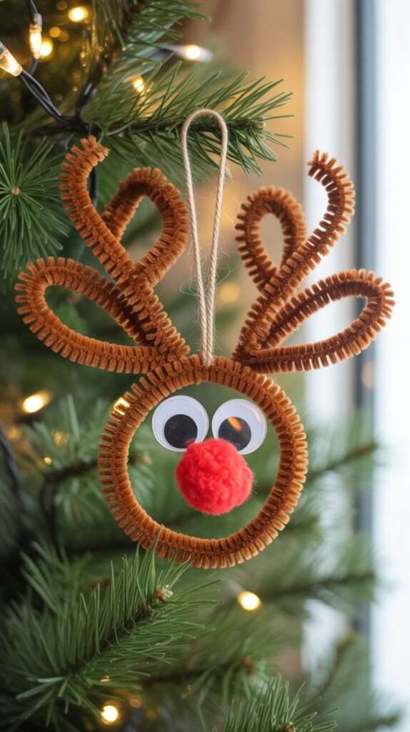 “DIY pipe cleaner reindeer ornament made from brown pipe cleaners with googly eyes and a red pom-pom nose, hanging on a Christmas tree with warm golden lights.”