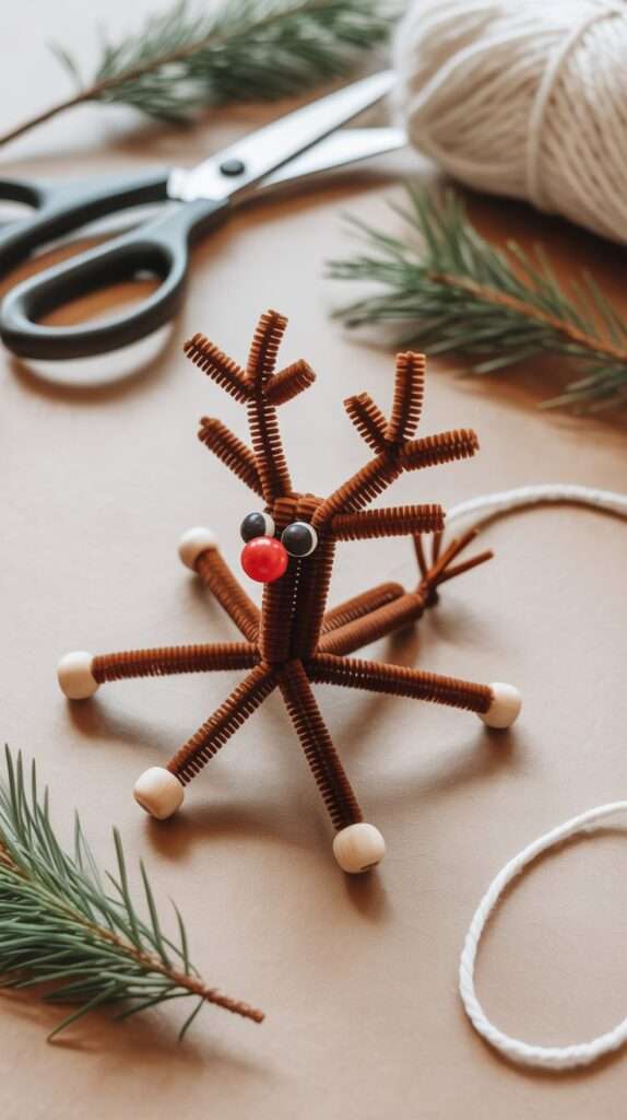 “Cute reindeer craft made with brown pipe cleaners and wooden beads, featuring small antlers and a red bead nose on a cozy holiday crafting table.”