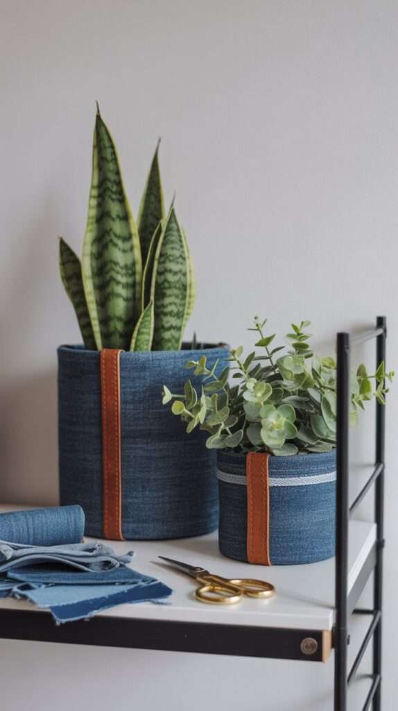 “Plant pots wrapped in upcycled denim fabric with leather strap details, displayed on a modern shelf with greenery.”