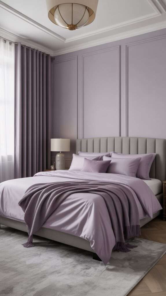 Lavender bedding paired with grey upholstered headboard and grey curtains, calm and elegant color palette.