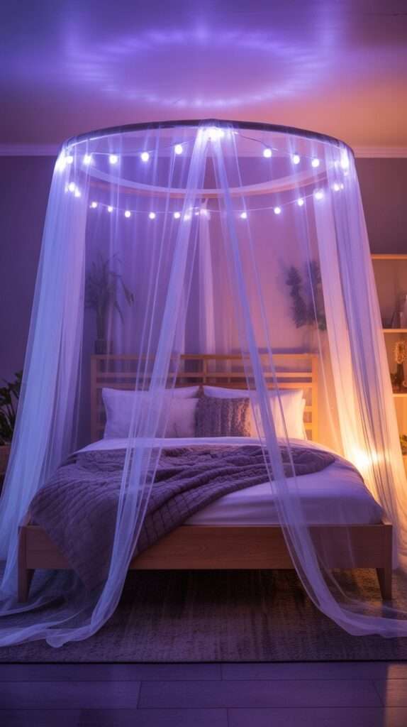 Cozy bedroom with sheer tulle canopy and purple fairy lights above the bed, dreamy boho look.