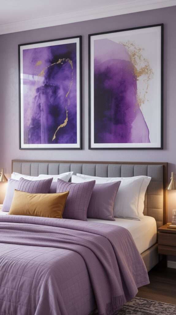 Gallery wall above the bed with abstract purple and lilac art prints in symmetrical arrangement.