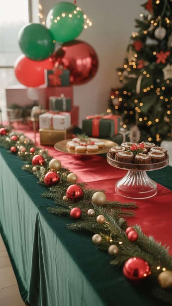 Baby shower decorated with red and emerald green holiday theme, Christmas ornaments, green table runner, wrapped gifts and warm fairy lights.