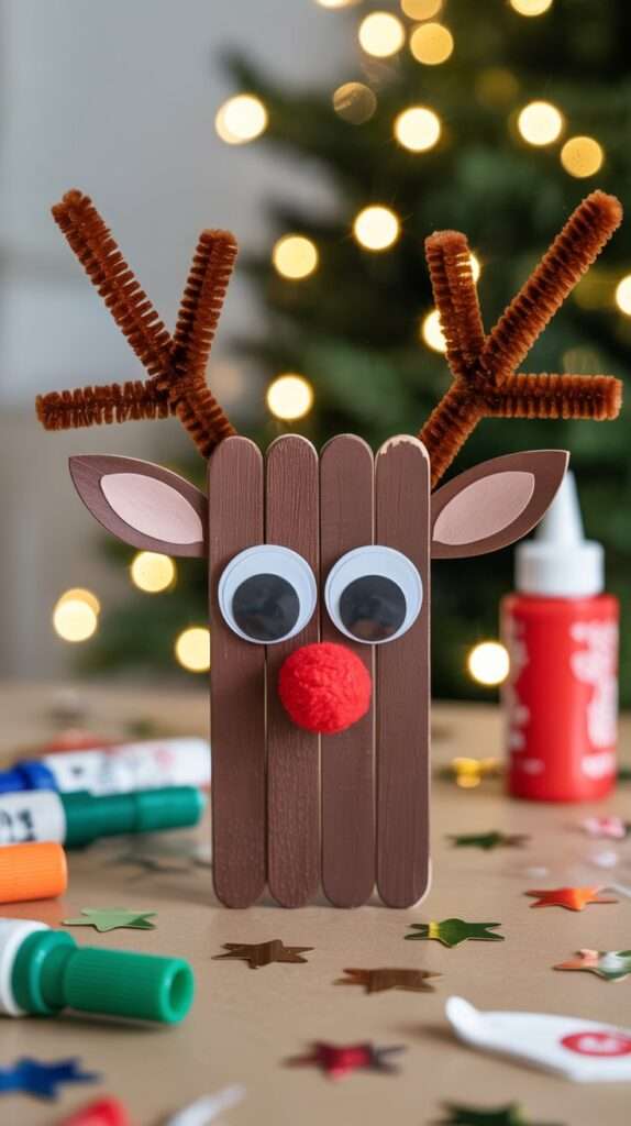 “Popsicle stick reindeer decorated with brown paint, pipe cleaner antlers, googly eyes and a red pom-pom nose on a festive craft table with markers and glue.”