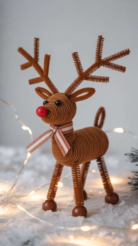 “Mini standing reindeer sculpture made from brown pipe cleaners with bead feet, a small pom-pom nose and a tiny ribbon scarf in a wintery Christmas setting.”