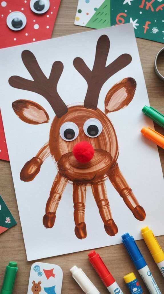 “Kids’ handprint reindeer craft with brown paint, googly eyes and a red pom-pom nose on colorful holiday crafting paper.”