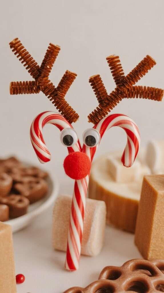 “Candy cane decorated as a reindeer with brown pipe cleaner antlers, googly eyes and a red pom-pom nose, styled with festive Christmas treats.”