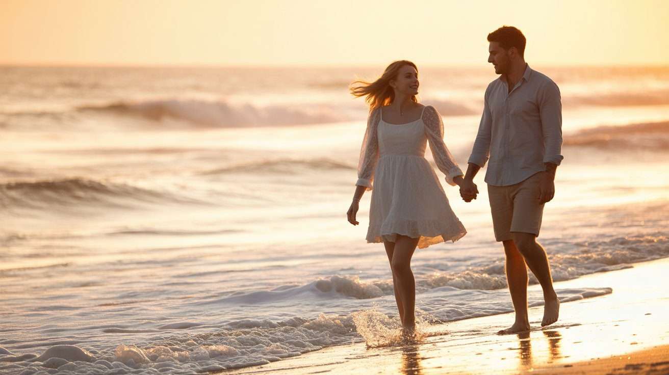 a pre weeding photo of a romantic couple walking at the sunset beach