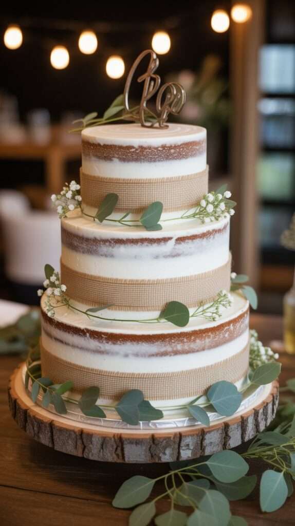 Naked tiered wedding cake with white ranunculus and eucalyptus greenery cascading down the side.