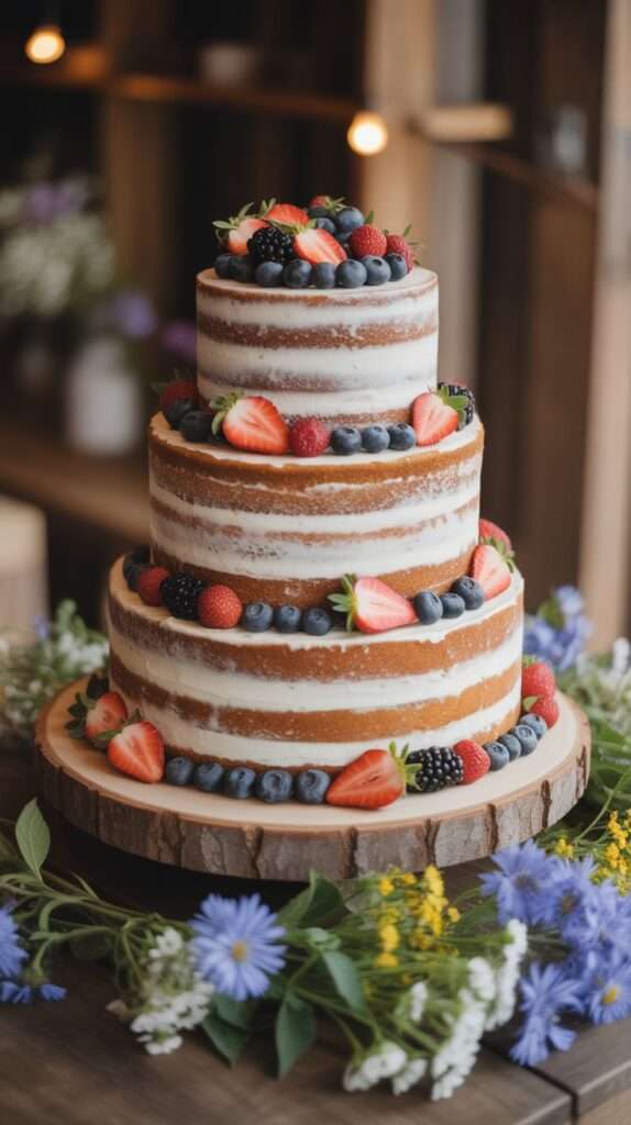 Three-tier rustic naked wedding cake decorated with blush pink roses, white ranunculus, and cascading greenery, displayed inside a wooden barn with natural window light.