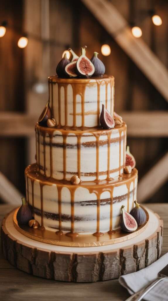 Caramel drip wedding cake decorated with blush roses and greenery on a wood slice stand in a barn wedding.