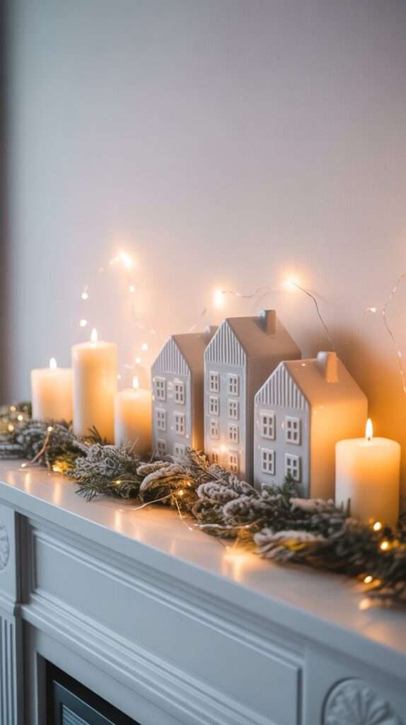 “Minimalist Scandinavian mantel styled with white candles, ceramic village houses and frosted eucalyptus with soft warm winter lighting.”
