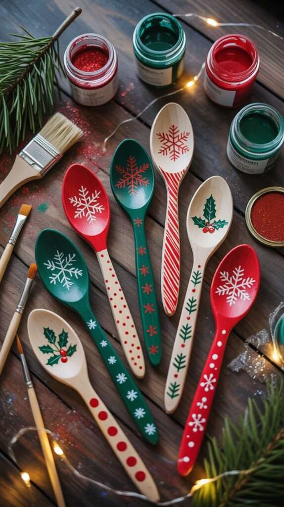 Alt text: Colorful wooden spoons hand-painted with Christmas designs like snowflakes and holly, displayed on a craft table with brushes and glitter.