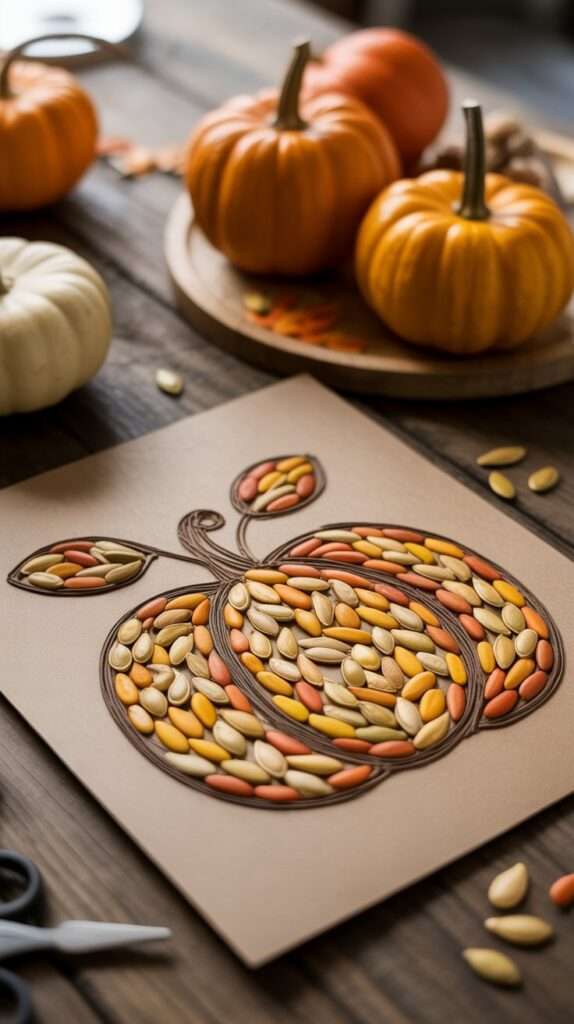 Pumpkin seeds dyed in fall colors arranged into leaf and pumpkin shapes on cardstock.