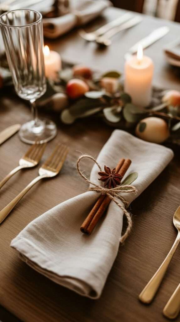 Linen napkin tied with twine and a cinnamon stick, styled on a fall table setting.