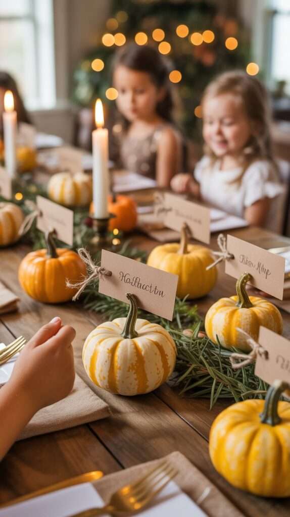 Paper gratitude tree inside a clay pot with colorful fall leaves labeled with handwritten thankful notes, surrounded by pumpkins and pinecones on a rustic table.