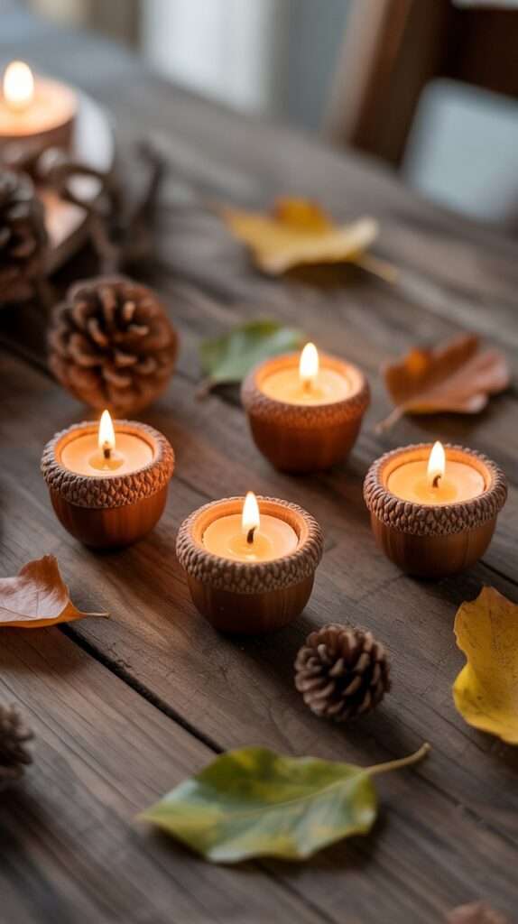 Tiny candles made from acorn caps placed on a wooden table with fall leaves and pinecones.