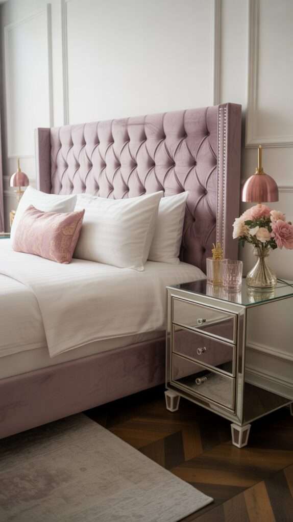 All-white bedroom featuring deep plum comforter and layered lavender pillows, styled as the focal point of the room.
