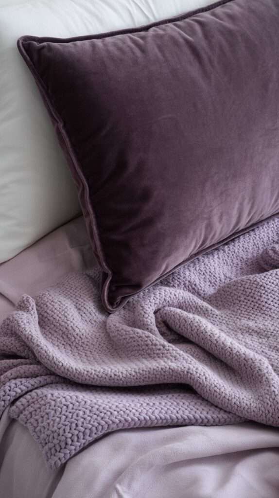 Close-up of layered bedding in shades of purple: velvet pillow, knit throw and linen sheets showing texture mix.