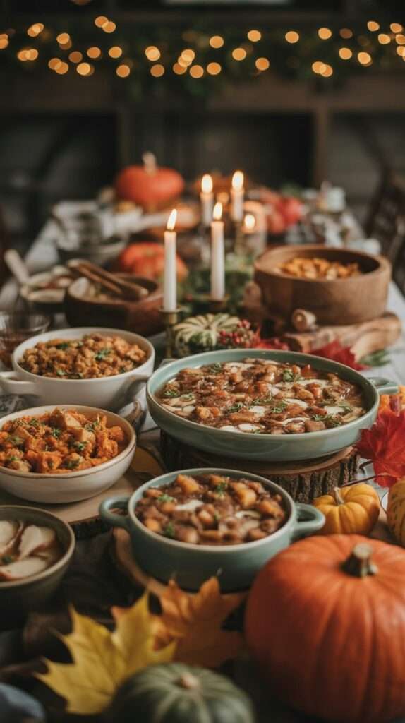 “Center of a Thanksgiving buffet decorated with a cluster of mini pumpkins around a roasted turkey platter, with bowls of cranberry sauce, mashed potatoes, stuffing and sweet potato dishes arranged in warm candlelight.”