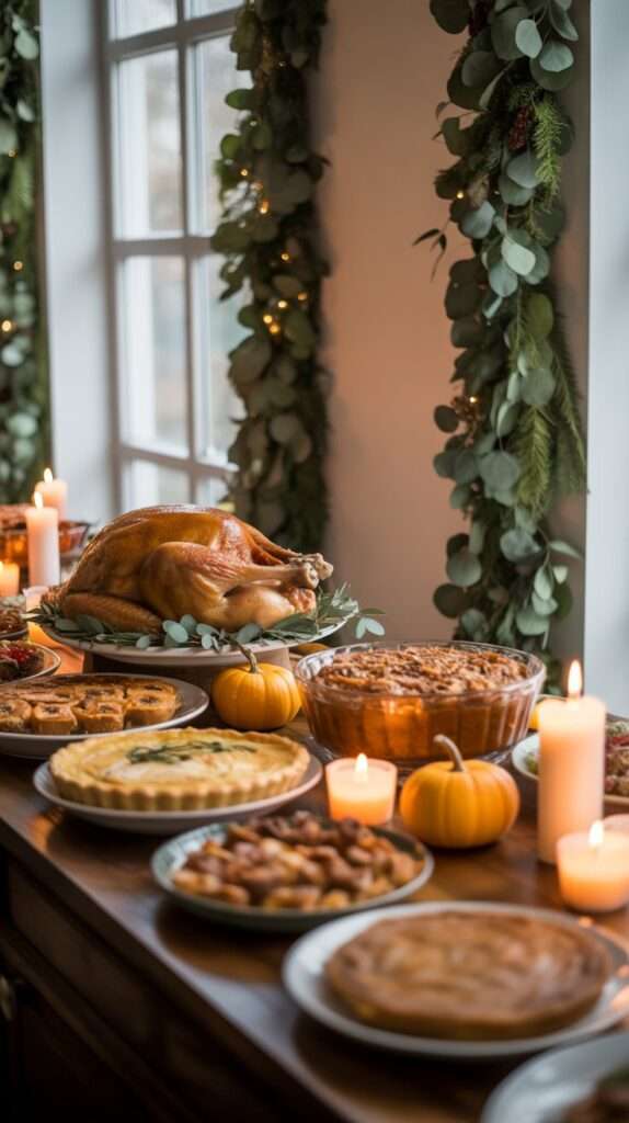 “A cozy Thanksgiving buffet styled with ceramic bowls and wooden boards holding mashed potatoes, roasted vegetables, stuffing and sauces, all surrounded by pumpkins, candles and fall leaves.”
