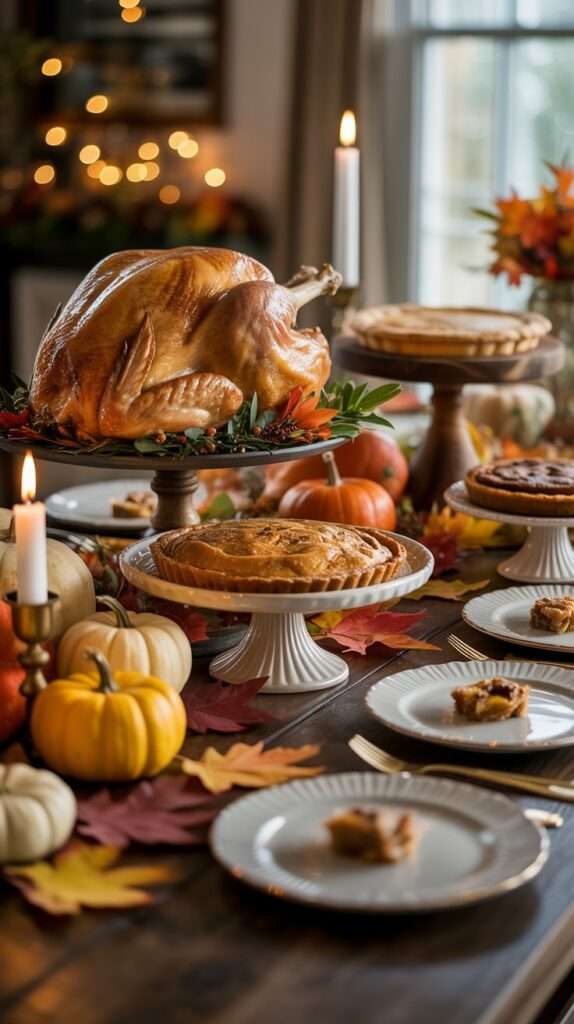 “Thanksgiving buffet filled with traditional dishes arranged at different heights, surrounded by mini pumpkins, candles and warm autumn décor. A whole turkey sits elevated among casseroles, vegetables and festive fall details.”