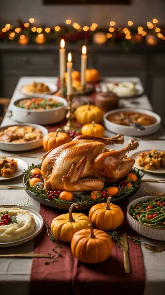 “A warm, realistic Thanksgiving buffet table decorated with layered linen runners, mini pumpkins, glowing candles and a full spread of food including roasted turkey, cranberry sauce, stuffing, mashed potatoes and fall sides.”