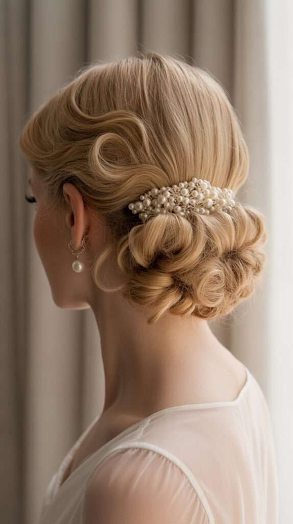 “Vintage-inspired bridal updo with soft curled waves and a pearl hair comb. A timeless, Old Hollywood look that feels effortlessly romantic.”