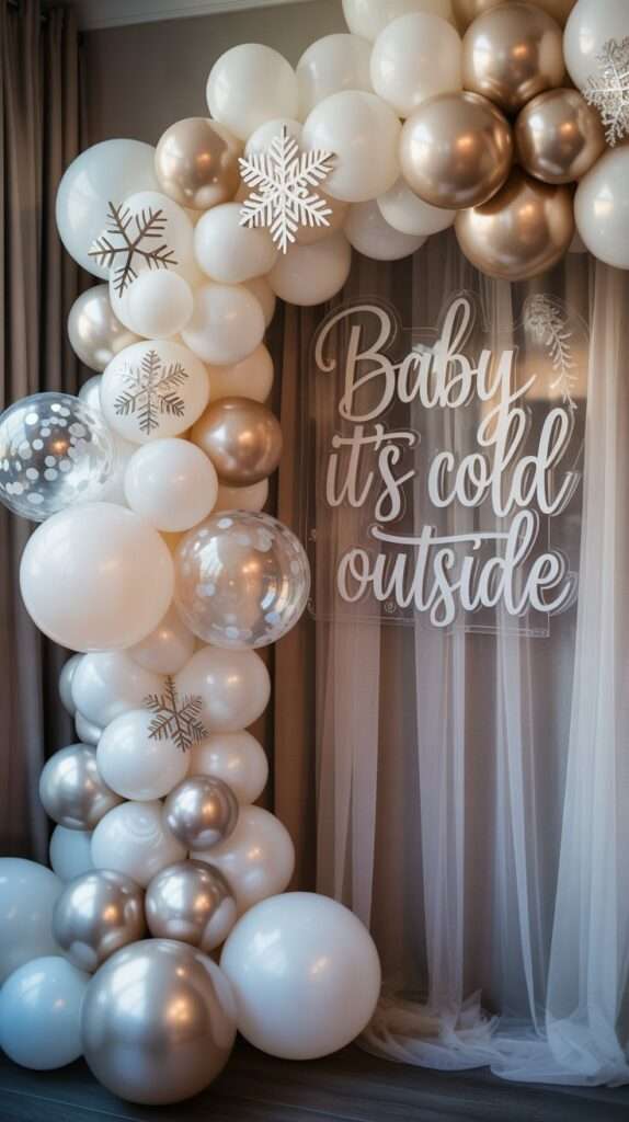 “Winter baby shower theme with metallic balloons, glitter letters and frosted decorations in white and silver, styled with a fun and sparkly vibe.”