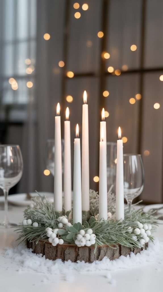 “All-white Christmas candle arrangement with varying candle heights surrounded by faux snow, frosted greenery and white berries on a holiday table.”