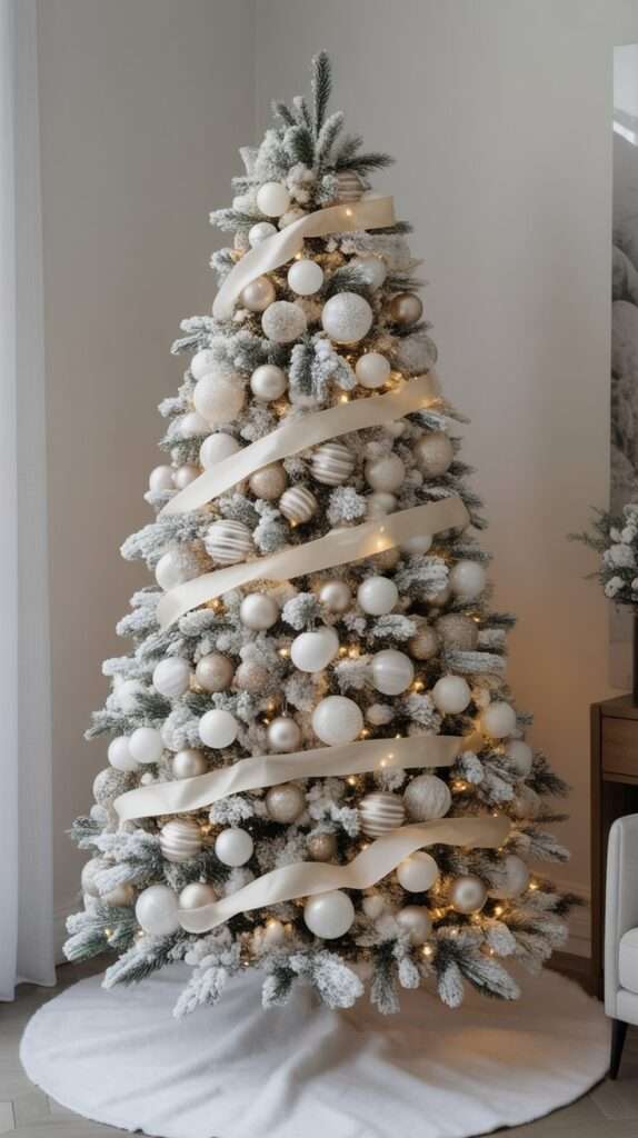 “Flocked all-white Christmas tree decorated with matte, pearl and glitter white ornaments, soft white lights and snowy textures in a clean neutral living room.”