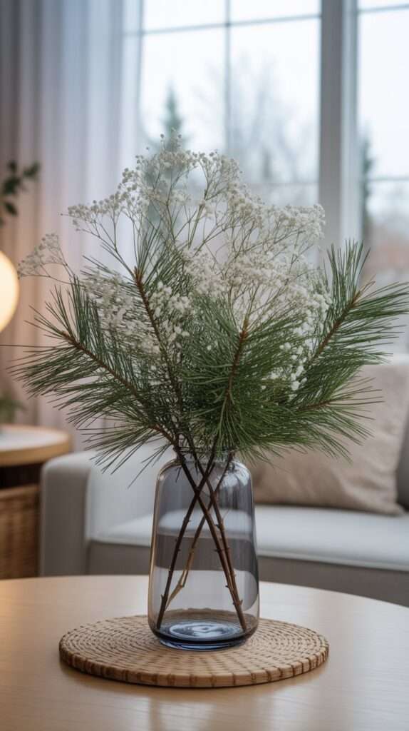 “Tall winter arrangement featuring fresh pine branches mixed with delicate baby’s breath in a clear glass vase, creating a snowy forest look.”